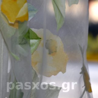 Οργάντζα (οργαντίνα) ντεβορέ, ύφασμα λευκό με πολύχρωμο σχέδιο, δείγμα κουρτίνας