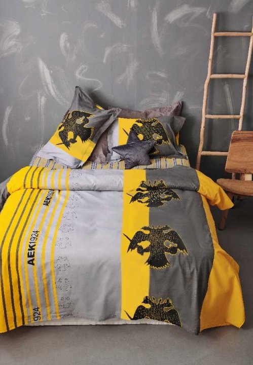 Κουρτίνα ΑΕΚ 5 - Palamaiki. Σετ Δύο Φύλλα 170 x 270 Εκατοστά, Με Τρέσα, 100% Από Βαμβάκι 144 Κλωστές. Official Team Licenced