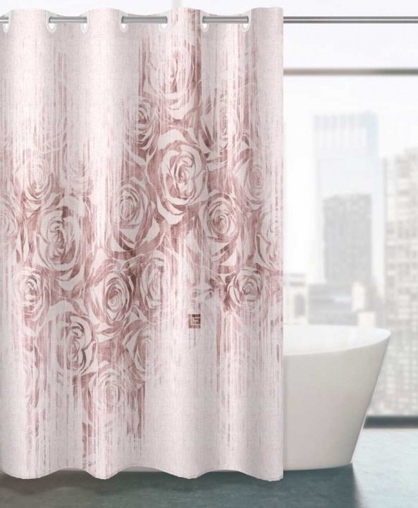 Ροζ Floral Κουρτίνα Μπάνιου, Vintage, Υφασμάτινη Με Τρουκς, 180 x 190 - Guy Laroche Beatrice Pudra