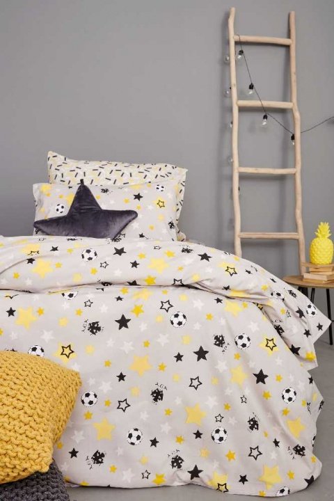 Κουρτίνα ΑΕΚ 4 Official Team Licenced. Σετ Δύο Φύλλων Με Τρέσσα, 100% Βαμβάκι, Γκρι Και Κίτρινο - Palamaiki