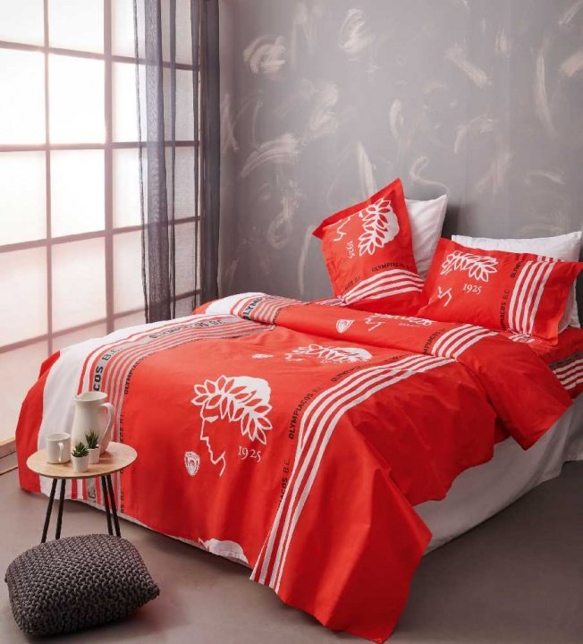 Κουβερλί Υπέρδιπλο ΟΛΥΜΠΙΑΚΟΣ BC5 Official Team Licenced. Κόκκινο - Λευκό, Με Ύφασμα 100% Από Βαμβάκι - Palamaiki