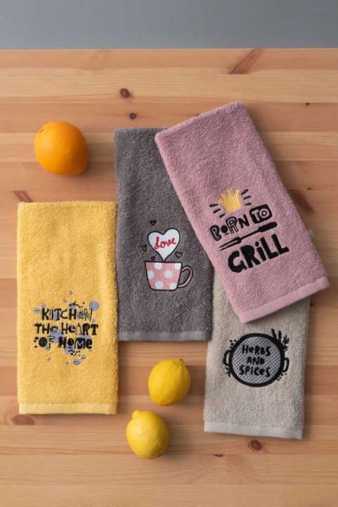 Μοντέρνες Πετσέτες Κουζίνας 100% Βαμβακερές, Τέσσερα Διαφορετικά Χρώματα Με Κεντημένα Logos - Palamaiki KT140