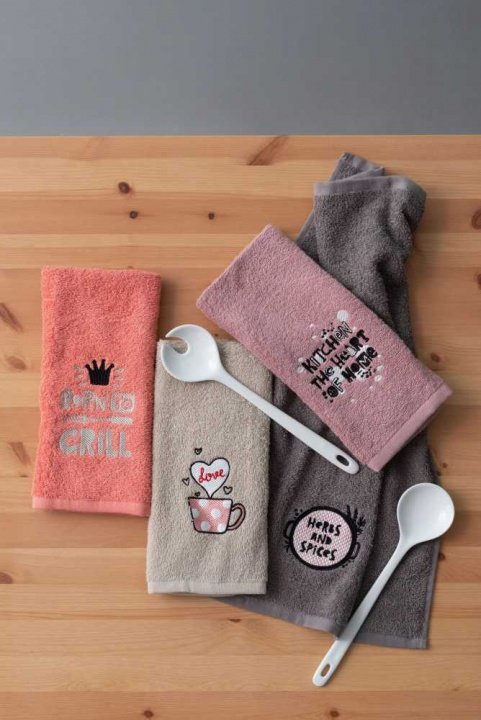 Μοντέρνα, Βαμβακερά Πετσετάκια Κουζίνας, Σετ 4 Τεμάχια Με Διαφορετικό Χρώμα Και Κεντημένο Logo - Palamaiki Kitchen Collection KT160