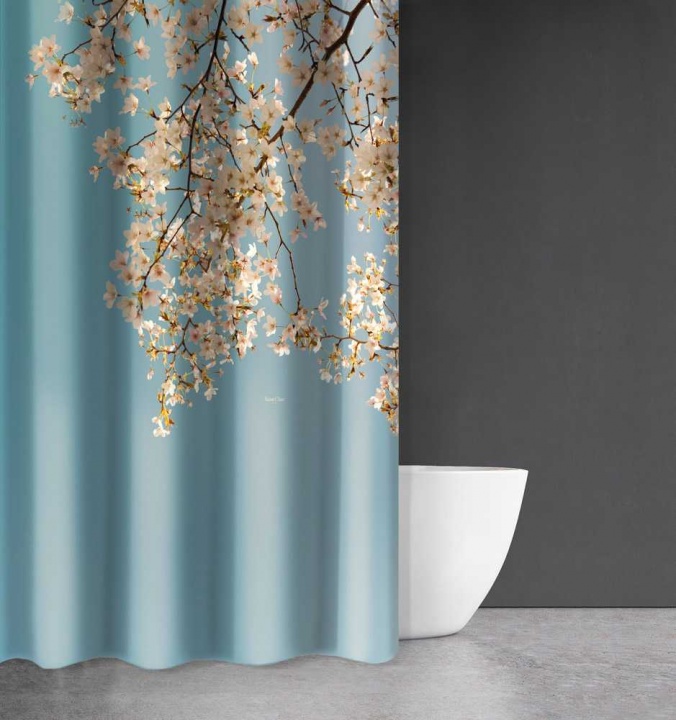 Μοντέρνα κουρτίνα μπάνιου Saint Clair - Zen Body Des 814. Yφασμάτινη, με κρίκους, 180 x 200 εκατοστά. Με ρομαντικό, floral print, σε σιέλ και μπεζ χρωματισμούς.