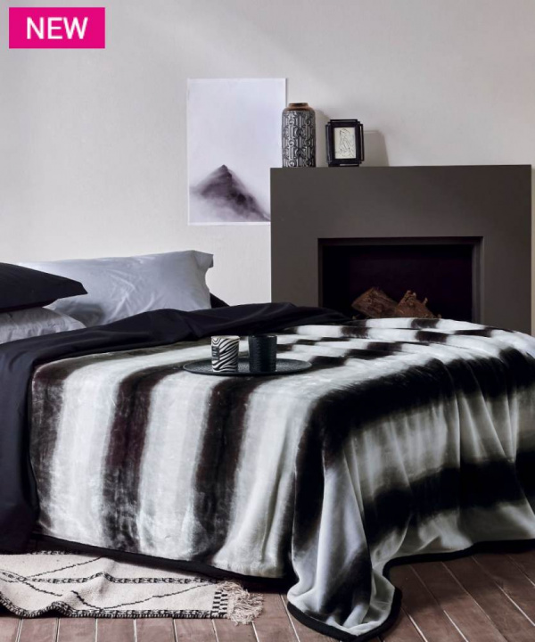 ΚΕΝΤΙΑ Κουβέρτα Βελούρ Υπέρδιπλη, Με Μοντέρνο, Ασπρόμαυρο, Ριγέ Σχεδιασμό, 100% Πολυεστερική - Melia