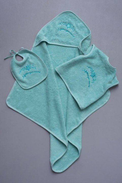 PALAMAIKI Βρεφικό Σετ Μπάνιου, Ζιπουνάκι, Σαλιάρα Και Πετσέτα Με Κουκούλα, 100% Βαμβακερά, Σε Τιρκουάζ Απόχρωση Με Μικρό Κεντημένο Σχέδιο - Baby Joia BJ524 Aqua