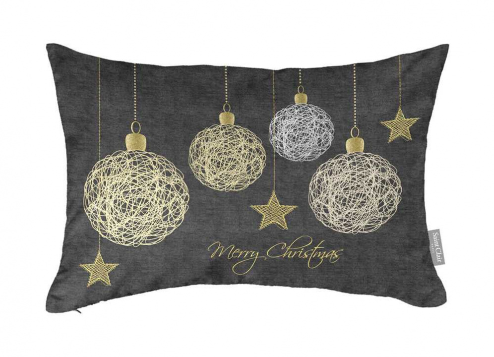 Χριστουγεννιάτικο Διακοσμητικό Μαξιλάρι, Ανθρακί Με Χρυσές Και Ασημί Μπάλες Και Αστέρια - Saint Clair Christmas Cushion 4011