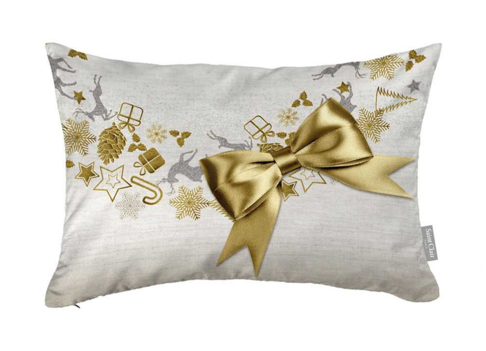 Εορταστικό, διακοσμητικό μαξιλάρι Saint Clair Christmas Cushion 4013. Σε απαλό γκρι χρωματισμό, με λαμπερά, χρυσά και ασημί χριστουγεννιάτικα στολίδια και μεγάλο φιόγκο.  Έτοιμο, γεμισμένο, 30 x 45 εκατοστά, 100% πολυεστερικό.