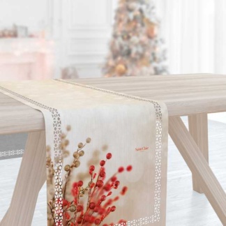Saint Clair Paris - Runner 2012. Εορταστική τραβέρσα με Χριστουγεννιάτικο laser cut print. Σε ανοιχτό μπεζ χρωματισμό με κόκκινο και χρυσό floral σχέδιο. Είναι κατασκευασμένη από 100% πολυεστέρα, σε διαστάσεις 40 x 160 εκατοστά και σχεδιασμένη για να ομορφύνει την τραπεζαρία ή το σαλόνι τις γιορτινές ημέρες.