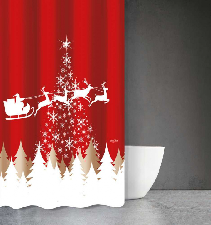 Χριστουγεννιάτικη κουρτίνα μπάνιου Saint Clair - Christmas Des 407. Yφασμάτινη, με κρίκους, 180 x 200 cm.