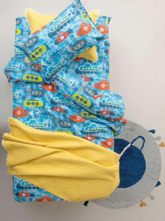 Palamaiki Κουβερλί Μονό Μονόχρωμο, Σε Κίτρινο Χρώμα Με Γεωμετρικό Μοτίβο Και Μικρά Πον Πον Περιμετρικά, 100% Microfiber - Juniper Yellos