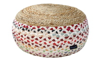 Ψάθινο σκαμπό Jute - Guy Laroche Ottoman Multi. Κατασκευασμένο από 50% φυσική Γιούτα και 50% βαμβάκι, στρογγυλό, με εντυπωσιακό boho σχεδιασμό,  50 x 50 x 25 εκατοστά.
