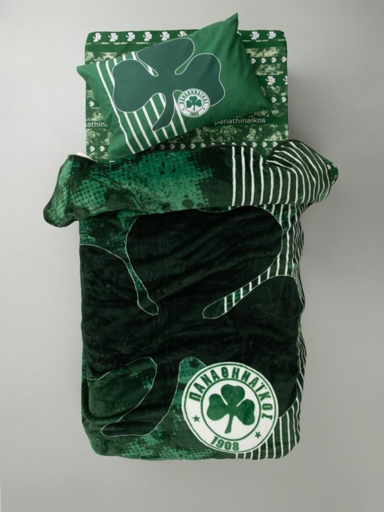 Κουβέρτα Panathinaikos Velour 3 - Official Team Licenced. Ημίδιπλη, σε πράσινη και λευκή διχρωμία, 155 x 215 εκατοστά.