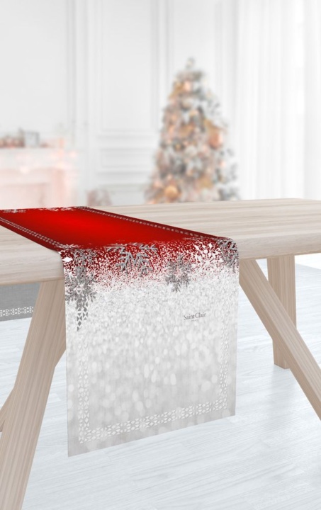 Saint Clair Paris - Runner 2032 Christmas. Εορταστική τραβέρσα με εντυπωσιακό, Χριστουγεννιάτικο laser cut print, σε κόκκινο και γκρι χρωματισμό.| Είναι κατασκευασμένη από 100% polyester, σε διαστάσεις 40 x 160 εκατοστά και σχεδιασμένη για να ομορφύνει την τραπεζαρία ή το σαλόνι τις γιορτινές ημέρες.