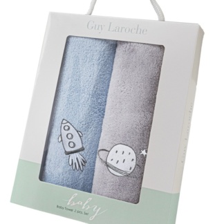 Βρεφικές Πετσέτες Baby Towels Boy Set 2 - Guy Laroche. Σετ δυο τεμαχίων, εξαιρετικά απαλό, κατασκευασμένο από 100% fine microfiber. Σε γκρι και σιέλ χρωματισμό, με μικρά αστεράκια, 35 x 50 εκατοστά.