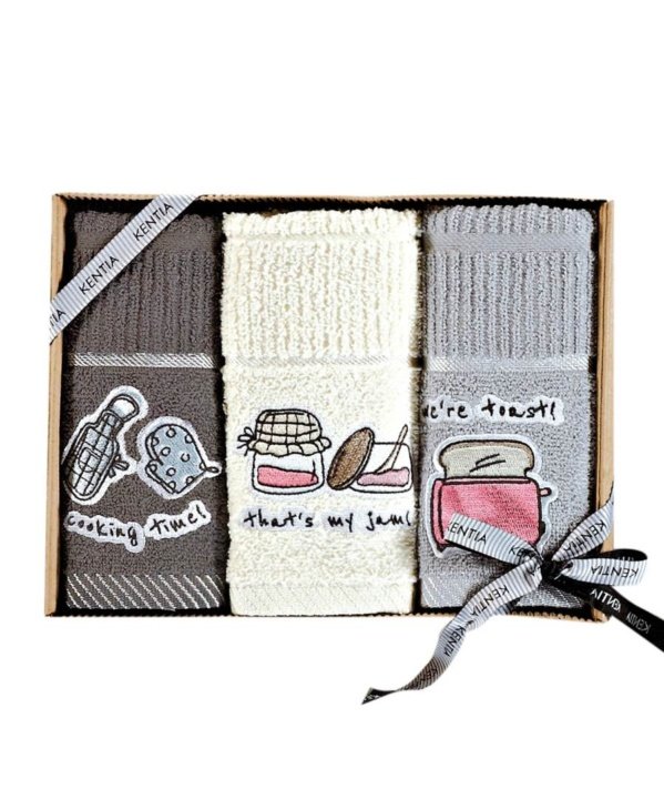 Πετσέτες Κουζίνας Regalo 231 - Kentia. Κατασκευασμένες από 100% βαμβάκι, εξαιρετικά απορροφητικές, αφράτες και ανθεκτικές. Σετ τριών τεμαχίων, γκρι, εκρού και ανθρακί, διακοσμημένες με απλικέ κέντημα
