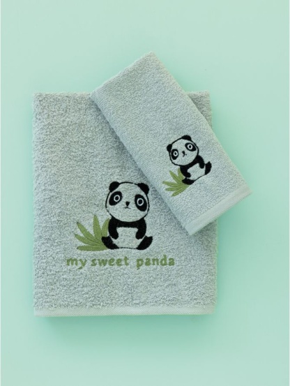 Βρεφικές Πετσέτες Μπάνιου Panda - Palamaiki Palamaiki Baby Bath. Κατασκευασμένες από 100% βαμβάκι, στο πράσινο χρώμα της μέντας, με παιδικό κεντημένο σχέδιο. Το σετ περιλαμβάνει μια πετσέτα προσώπου 40 x 70 και μια πετσέτα σώματος 70 x 140 εκατοστά.