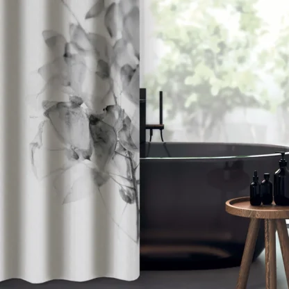  Μοντέρνα Kουρτίνα Μπάνιου Saint Clair Abstract Des 118 Grey. Υφασμάτινη, με κρίκους, 100% πολυεστερική, αδιάβροχη, εύκολη στον καθαρισμό και το στέγνωμα. Minimal floral σχεδιασμός, σε γκρι χρωματισμούς, 180 x 200 εκατοστά.