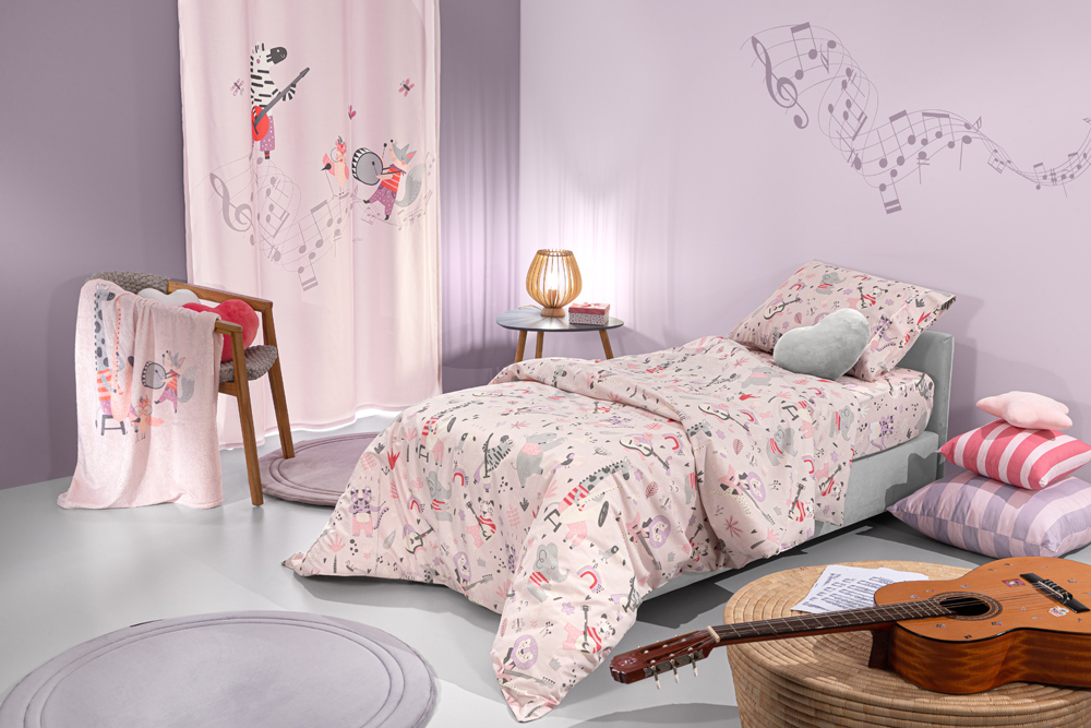 Παιδικά σεντόνια από 100% βαμβάκι, σετ 3 τμχ με χαρούμενο παιδικό μοτίβο Saint Clair Jazz Lilac