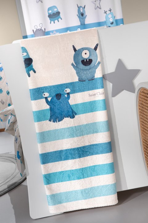 Βρεφική κουβέρτα λευκή σιέλ, ultrasoft με digital print Saint Clair Monsters Blue