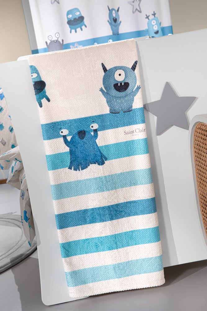 Βρεφική κουβέρτα λευκή σιέλ, ultrasoft με digital print Saint Clair Monsters Blue