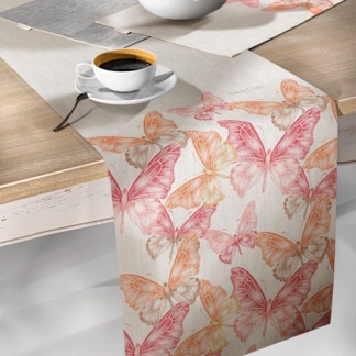 Διακοσμητικό Runner - Τραβέρσα Saint Clair 2027 Coral. Mπεζ και ροζ με μεγάλες πεταλούδες, 100% πολυεστερικό, 40 x 160 εκατοστά.