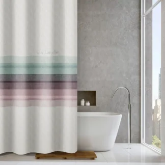 Κουρτίνα μπάνιου υφασμάτινη κατασκευασμένη από 100% polyester με ειδική επεξεργασία water repellant για να στεγνώνει γρήγορα, διαθέτει τρουκς για εύκολη τοποθέτηση