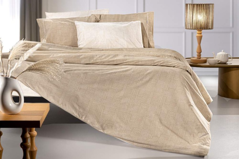 Σεντόνια King Size, Μπεζ Με Γεωμετρικό Μοτίβο, Σετ 4 Τμχ Κατασκευασμένο Από 100% Βαμβακερό Περκάλι - Guy Laroche Stencil Mocca