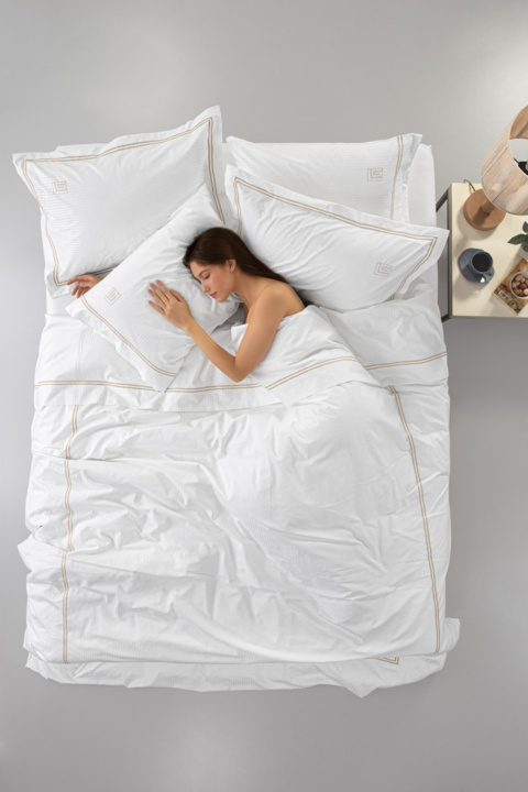 Σεντόνια king size βαμβακοσατέν, λευκά με μπεζ ραφή διπλη πλακέ, σετ 4 τμχ - Guy Laroche Nice White Beige