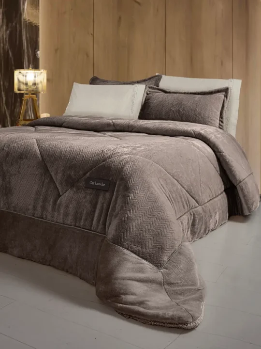 Κουβερτοπάπλωμα υπέρδιπλο δυο όψεων, ultrasoft, καφέ με μοντέρνα καπιτονέ ραφή, sherpa - Guy Laroche Moore Cocoa