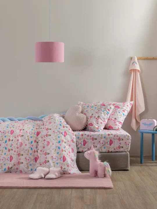 Παιδικά σεντόνια ροζ, από 100% βαμβάκι με χαρούμενα σχέδια, σετ πανωσέντονο κατωσέντονο και μαξιλαροθήκη - Palamaiki MK772