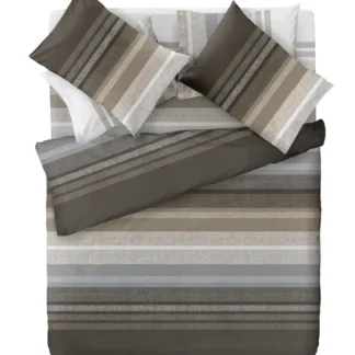 Σεντόνια υπέρδιπλα Saint Clair Keros Cocoa. Σετ τεσσάρων τεμαχίων, κατασκευασμένο από 100% βαμβάκι, με ριγέ σχεδιασμό. To σετ αποτελείται από δυο σεντόνια 240 x 260 εκατοστά και δυο ασορτί μαξιλαροθήκες.